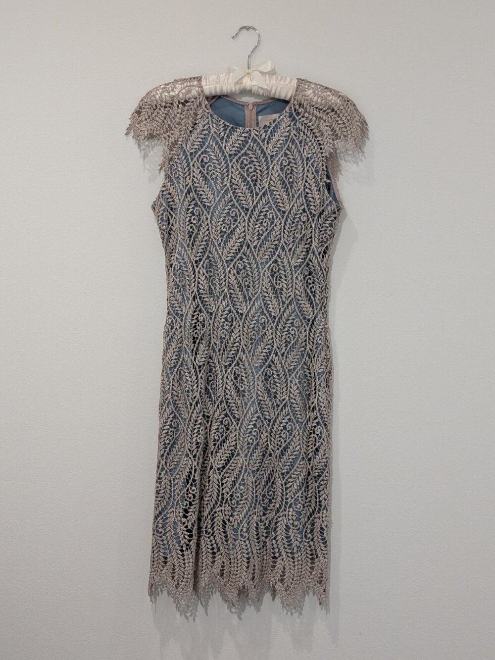 Mignon Doo size 8 Pierre Dress in light teal with gold lace overlay